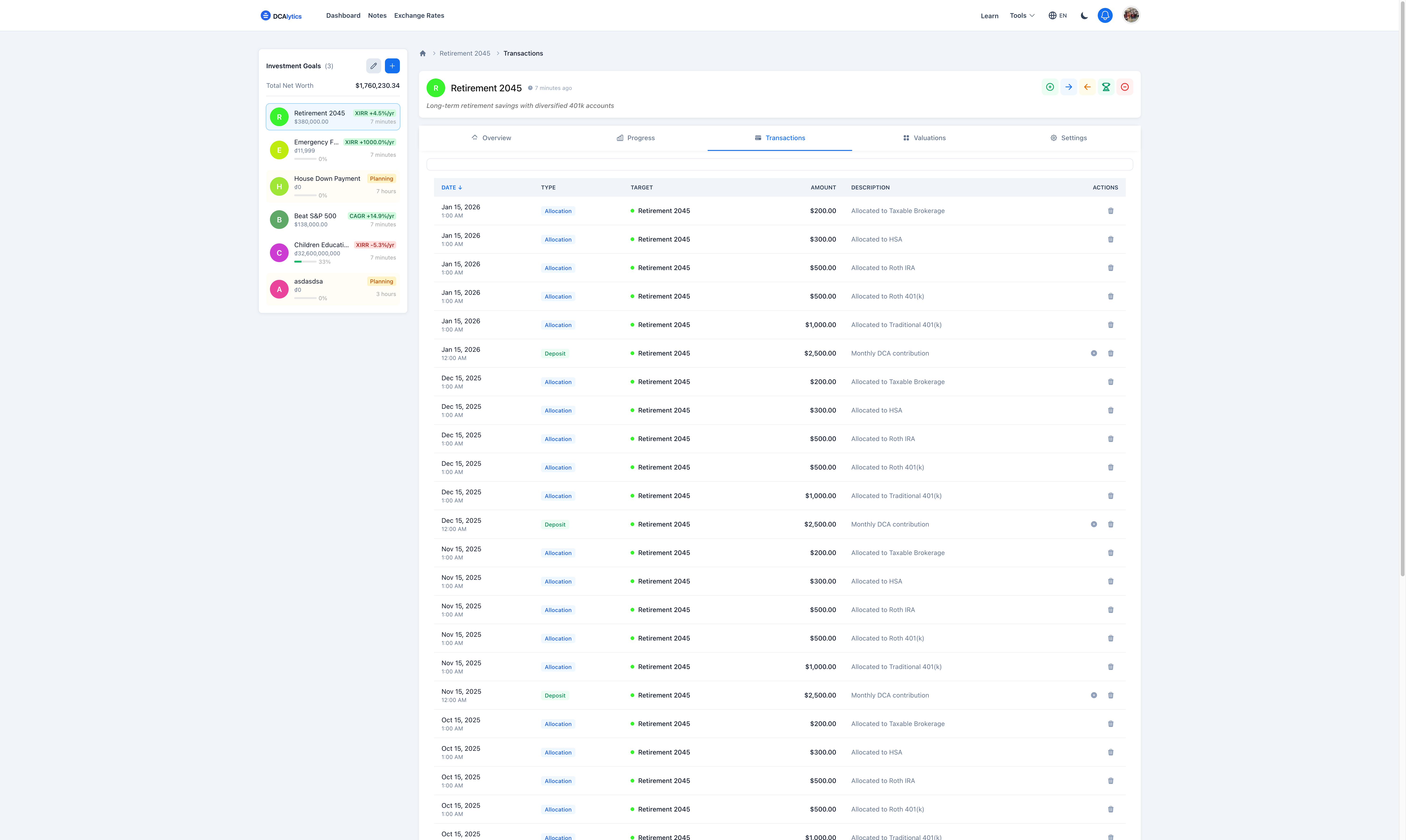 DCAlytics Transactions - Complete history of deposits and allocations
