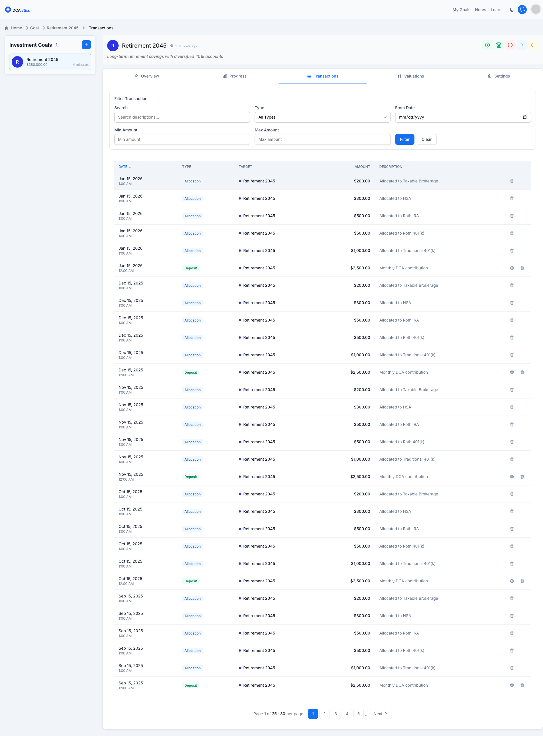 DCAlytics Transactions - Complete history of deposits and allocations