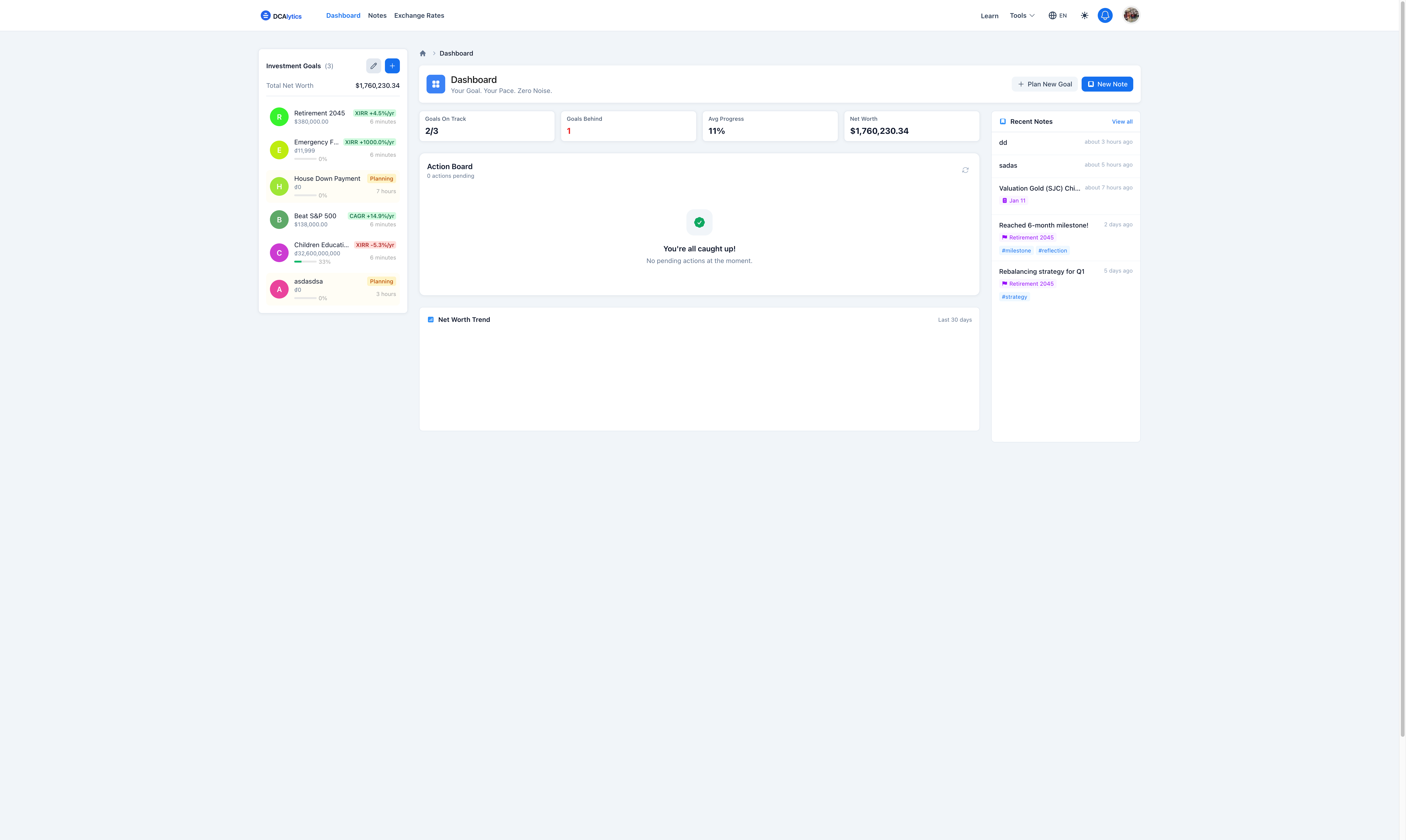 DCAlytics Dashboard - Your investment overview with notes and action items