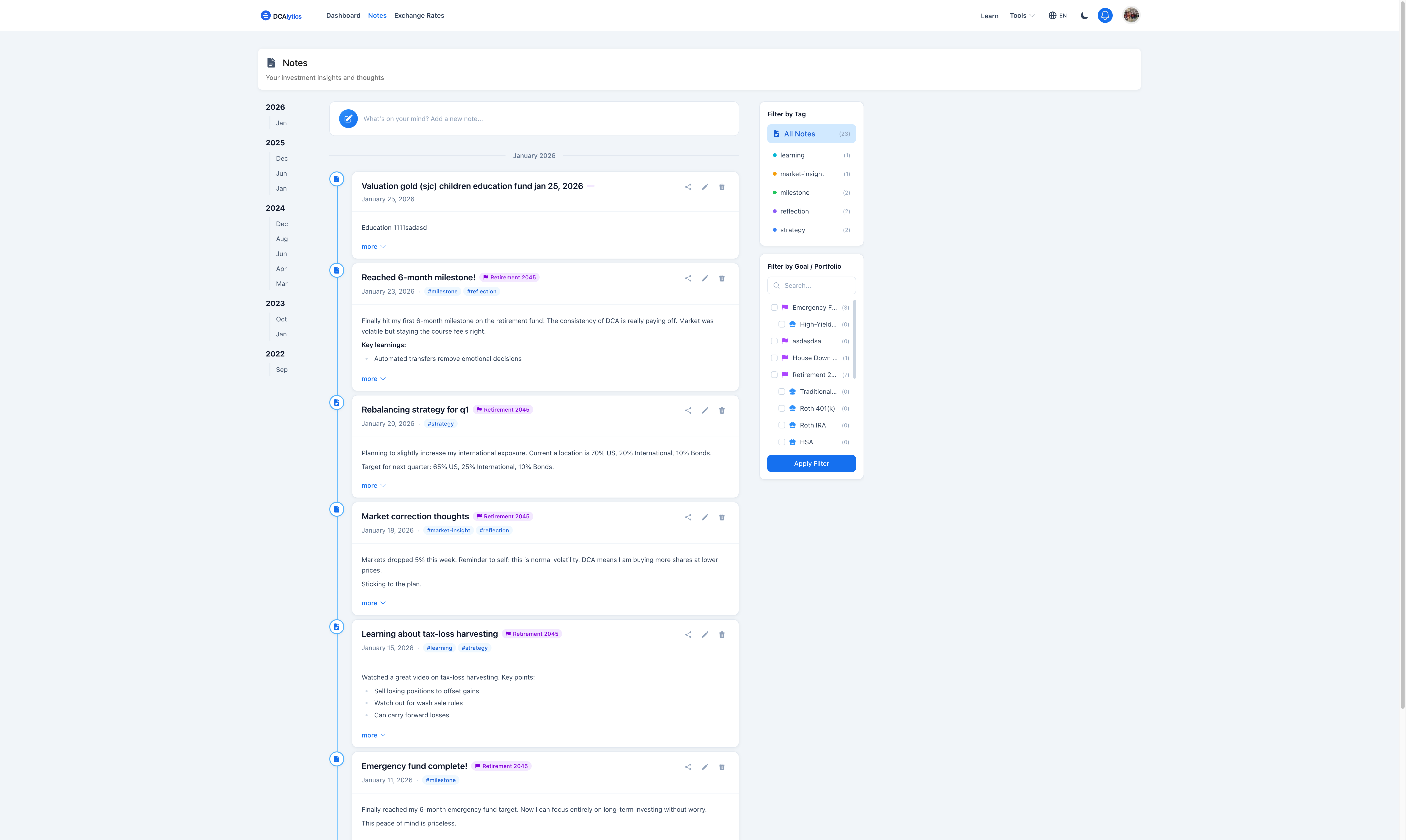 DCAlytics Notes - Track your investment journey with rich notes and tags