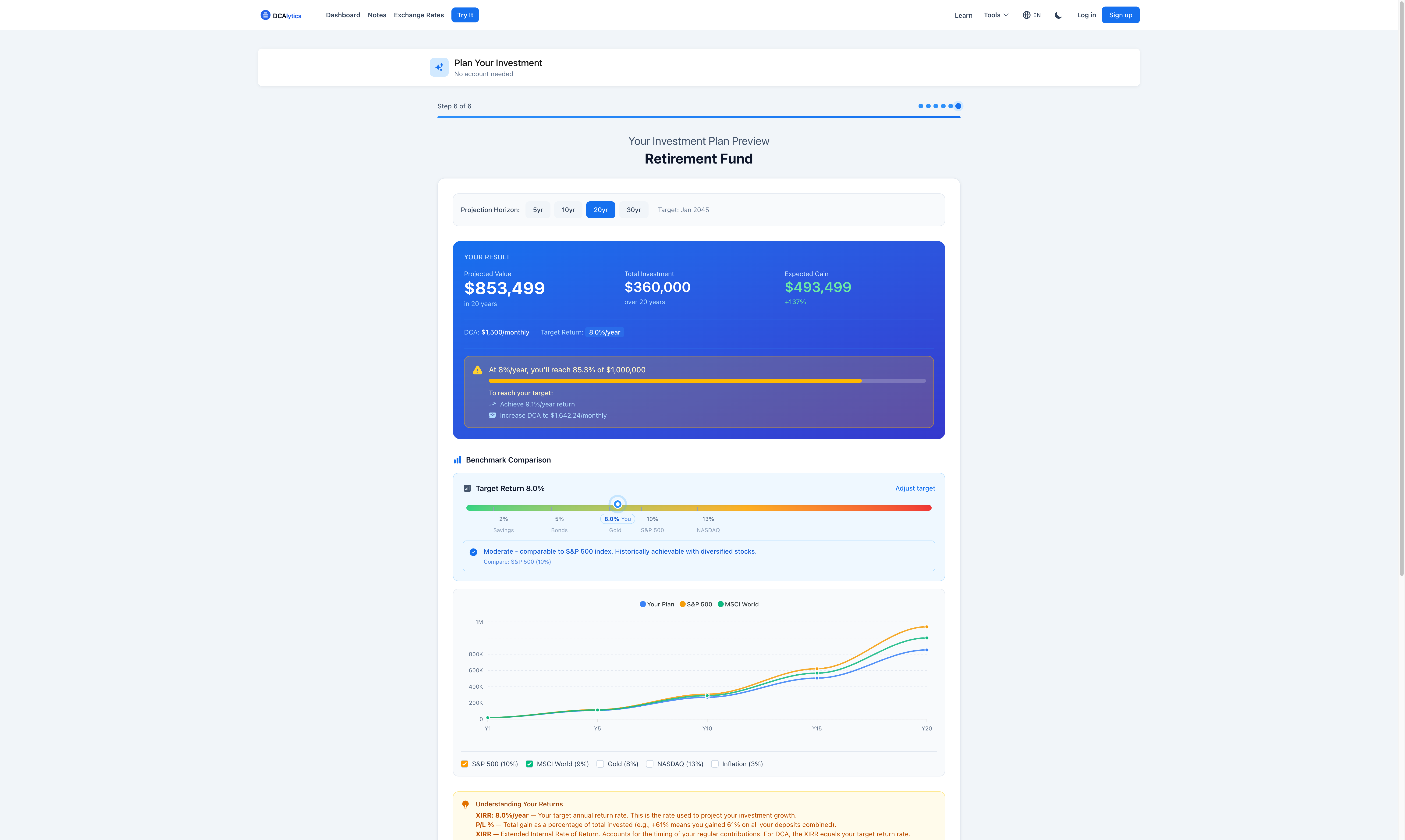 DCAlytics Plan Preview - See your investment projections with benchmark comparisons